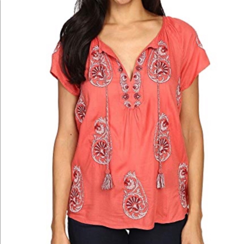 89 Lucky Brand Coral Embroidered Tassel Top S